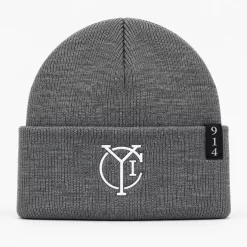 Gray CYI Skullie Beanie with white embroidery and 914 Yonkers side detail