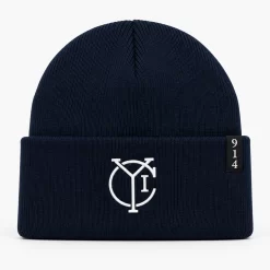 Navy CYI Skullie Beanie with white embroidery and 914 Yonkers side detail